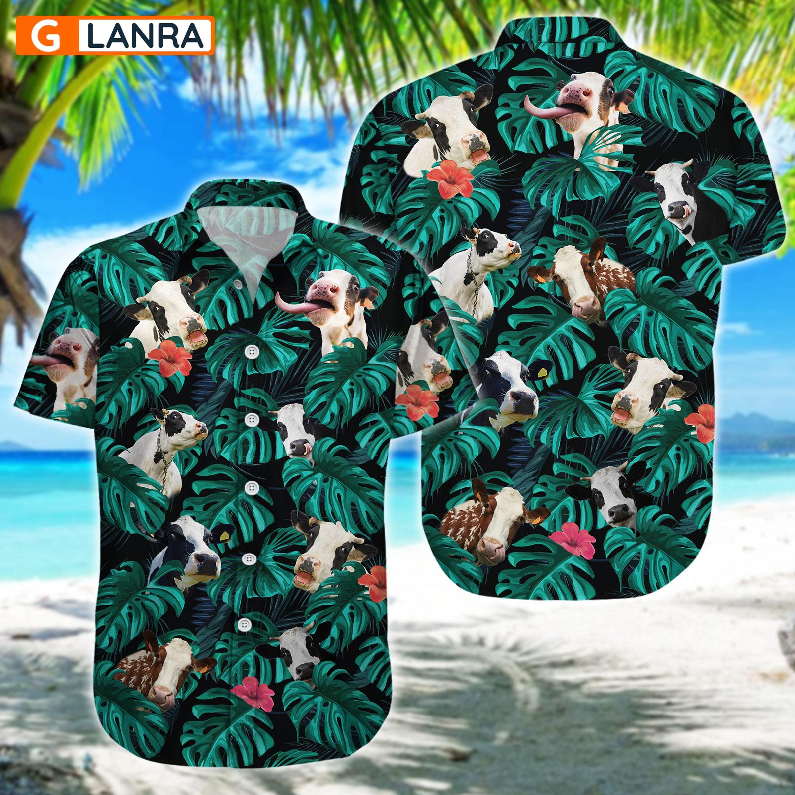 Funny Cow Palm Leaves Flower Button Shirt, Cow Cattle Button Shirt, Summer Cow Hawaiian Shirt, Cow Farm Leaf Hawaiian Shirt, Summer Tropical Shirt