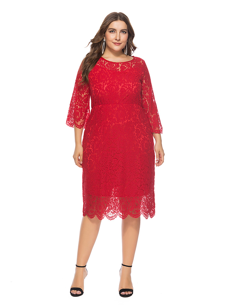 Black Formal Lace Dress Women O-neck Plus Size 6XL Elegant Red Cut Out Lace Vestioes Three Quarter Sleeve Party Evening Dresses alx