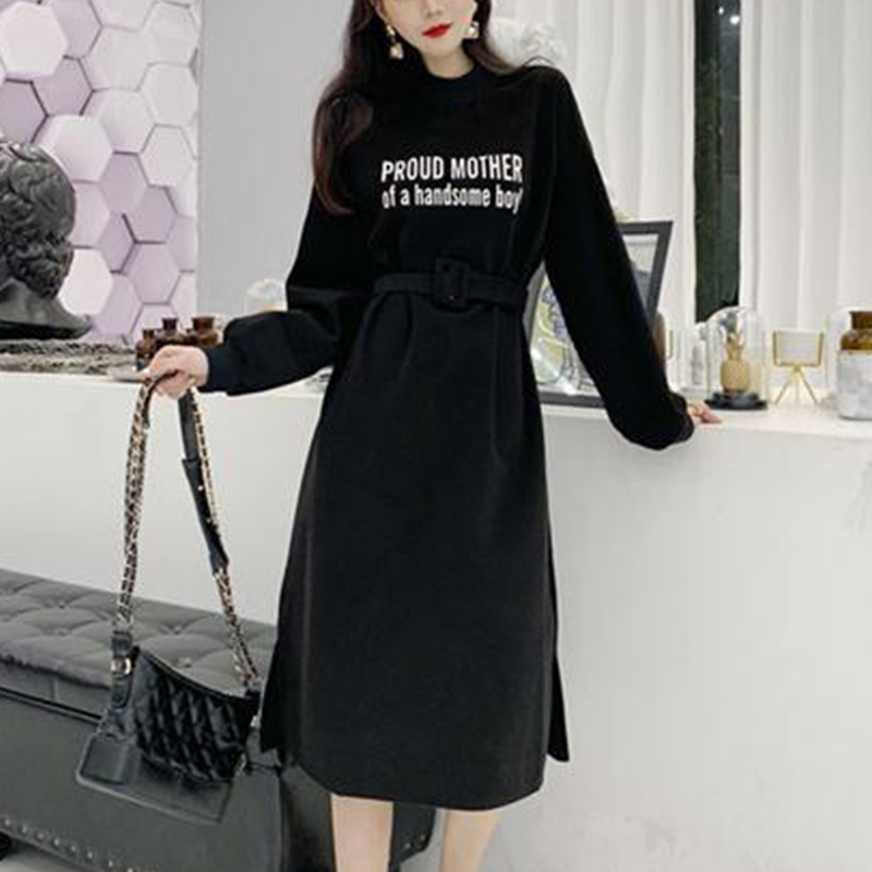 Autumn Winter Casual Fashion Letter Print Waist Belt Dress Women Vintage Simple Robe Sweatershirt Dresses Loose Vestido De Fiest alx