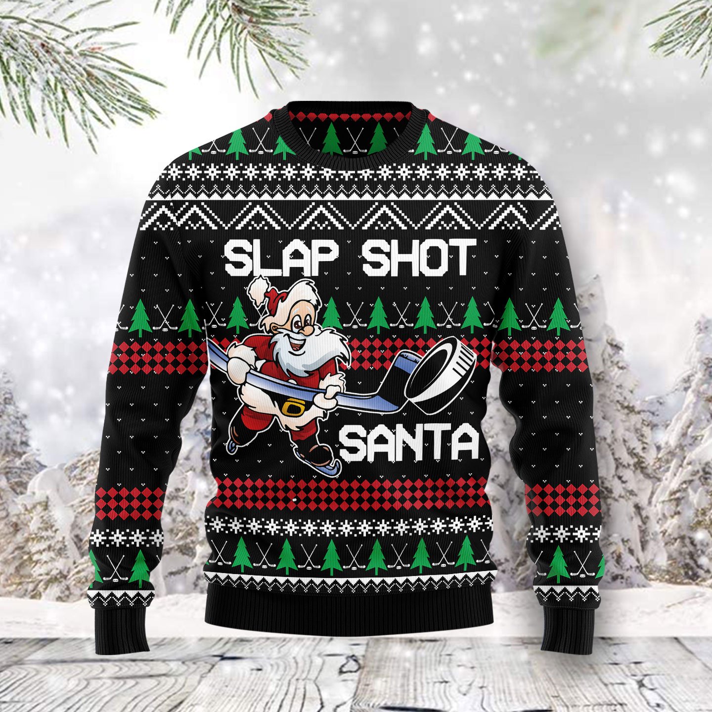 Slap Shot Santa TY0812 unisex womens & mens, couples matching, friends, funny family ugly christmas holiday sweater gifts (plus size available)