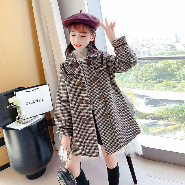 Teen Girls Long Plaid Jackets 3-14 Year Kids Winter Warm Wool & Blends Trench Coats Fashion Breasted Outerwear Children Overcoat alx