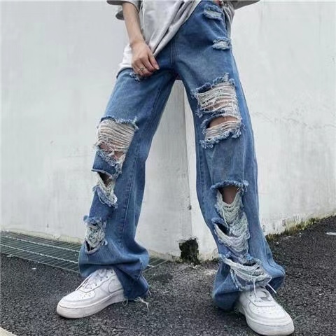 Y2K Summer High Street Jean Streetwear Straight Pants Ladies Ripped Jeans High Waist Loose Wide Leg Pants Ladies Jeans alx