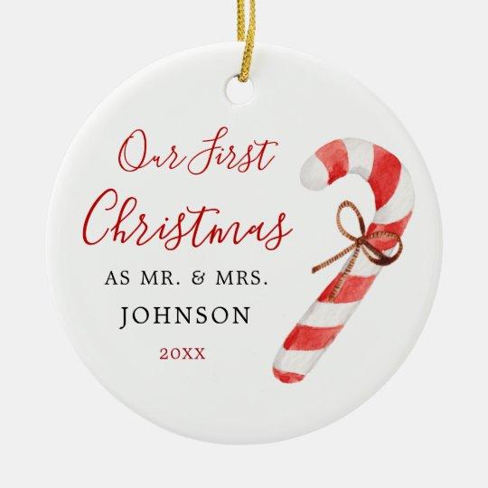 Personalized Ornament Candy Cane First Christmas As Mr And Mrs Newlyweds Customized Circle Ornament