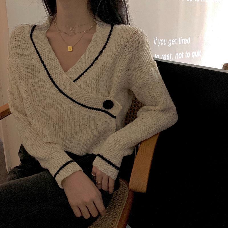 Vintage Cropped Single Button Knitted Sweater Lazy Sueter Mujer Jumper Y2k Top V Neck Pullover Sweaters Striped Coat Women alx