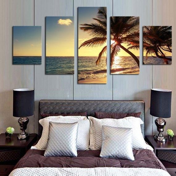 Sunset Beach Coconut Palm Tree Seascape Summer Nature 5 Panel Canvas Art Wall Decor
