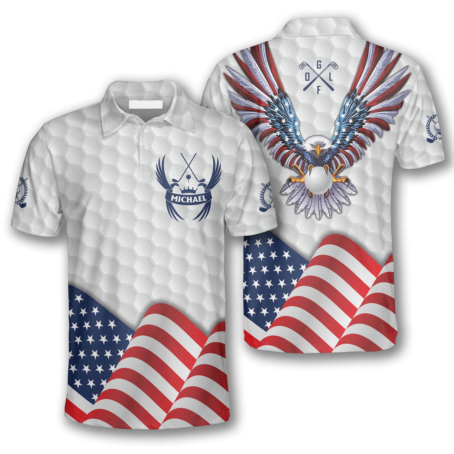 Eagle Waving Flag White Version Custom Golf Polo Shirts For Men