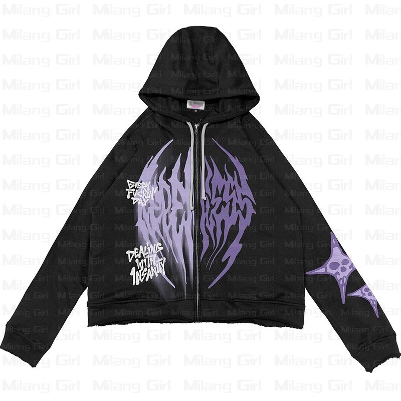 Men’s Skull Purple Print Streetwear Oversized Cartoon Bunny Zipper Cardigan Gothic Harajuku Y2k Holloween Grunge Zip up Clothes alx