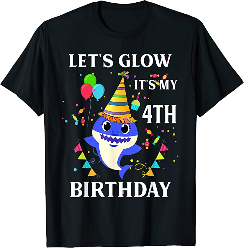 Baby Shark Let’s Glow Party It’s My 4th Birthday T-Shirt