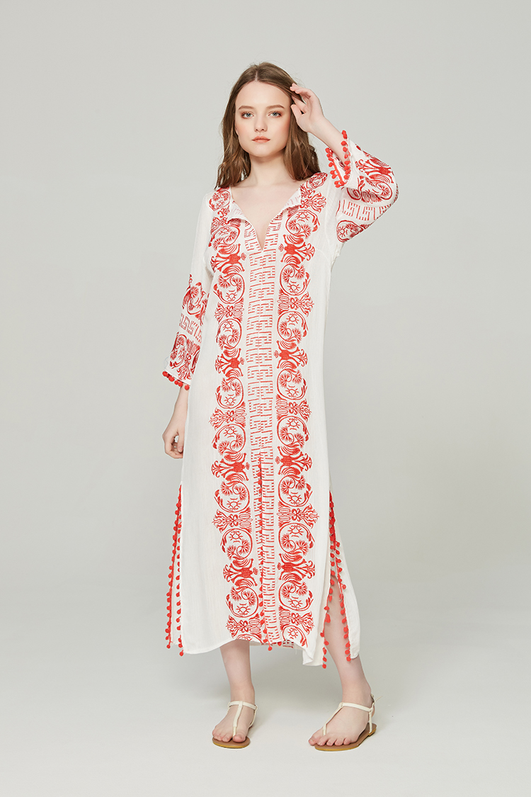 White Embroidery Dress Women Retro V-neck Long Sleeve Tassel Balls Floral Dresses Summer Elegant Ethinc Rayon split Long Dresses alx