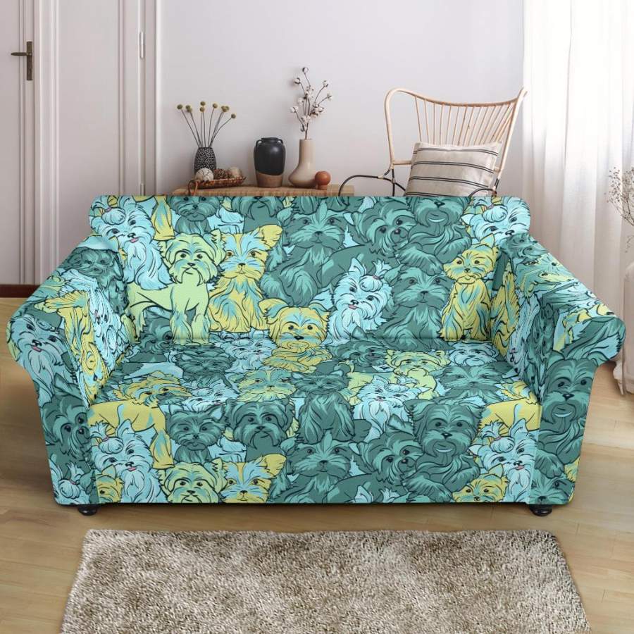 Puppy Yorkshire Terrier Dog Pattern Print Loveseat Cover