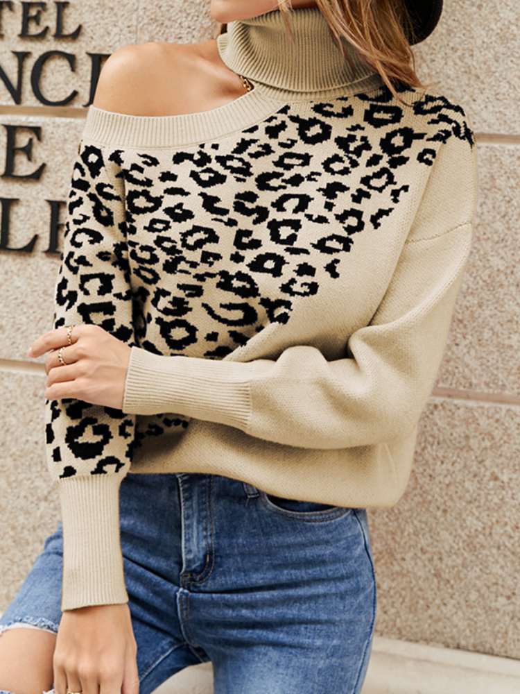 Autumn Winter Leopard Print Sexy Strapless Sweater Pullover Tops Korean Fashion Fashion Tops 2022 Women Turtleneck Clothing alx