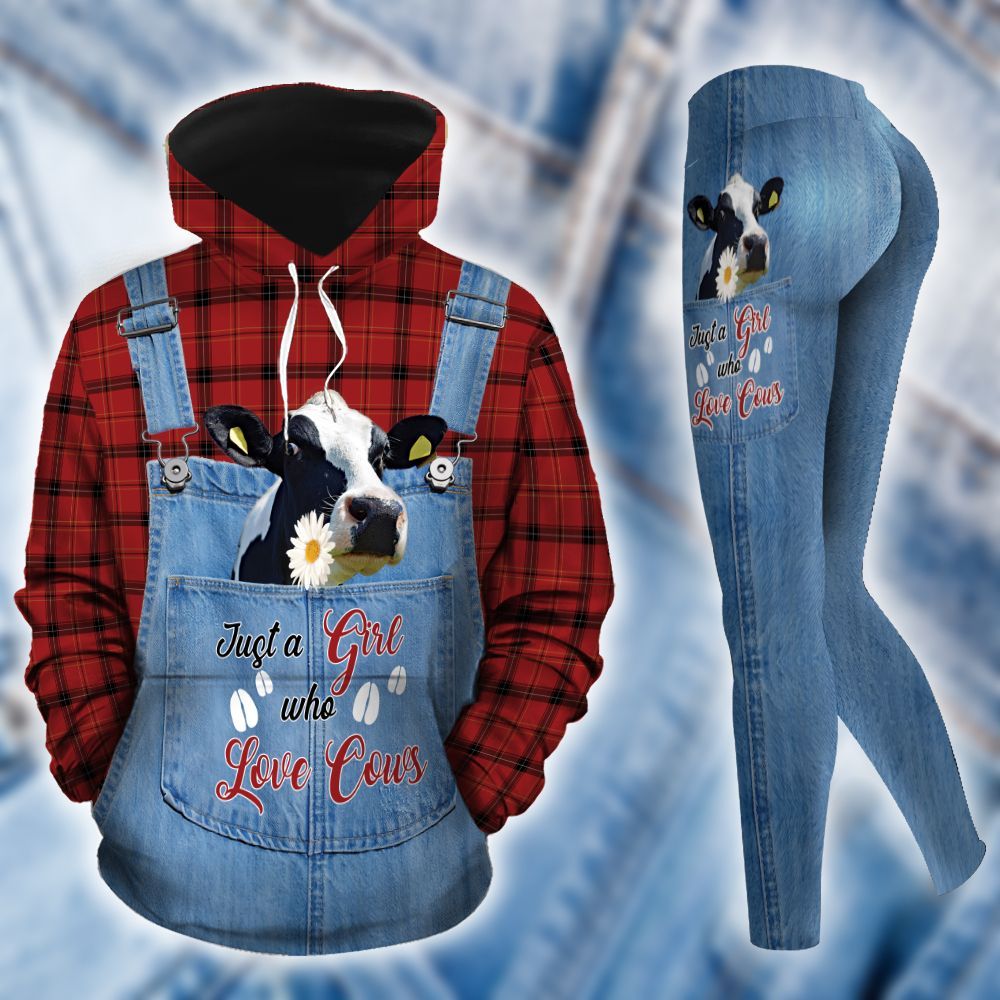 Just A Girl Who Loves Cows Vintage Plaid 3D Printed Sublimation Leggings Hoodie Set Hooded Sweatshirt Comfy Yoga Pants Tummy Control DPT120103VL