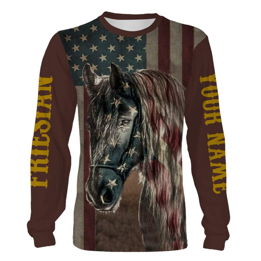 Friesian Horse US American Flag Brown color Customized name 3D Full printing shirt, Hoodie – Love Horse clothing for Men, Women and Kid – FSD834