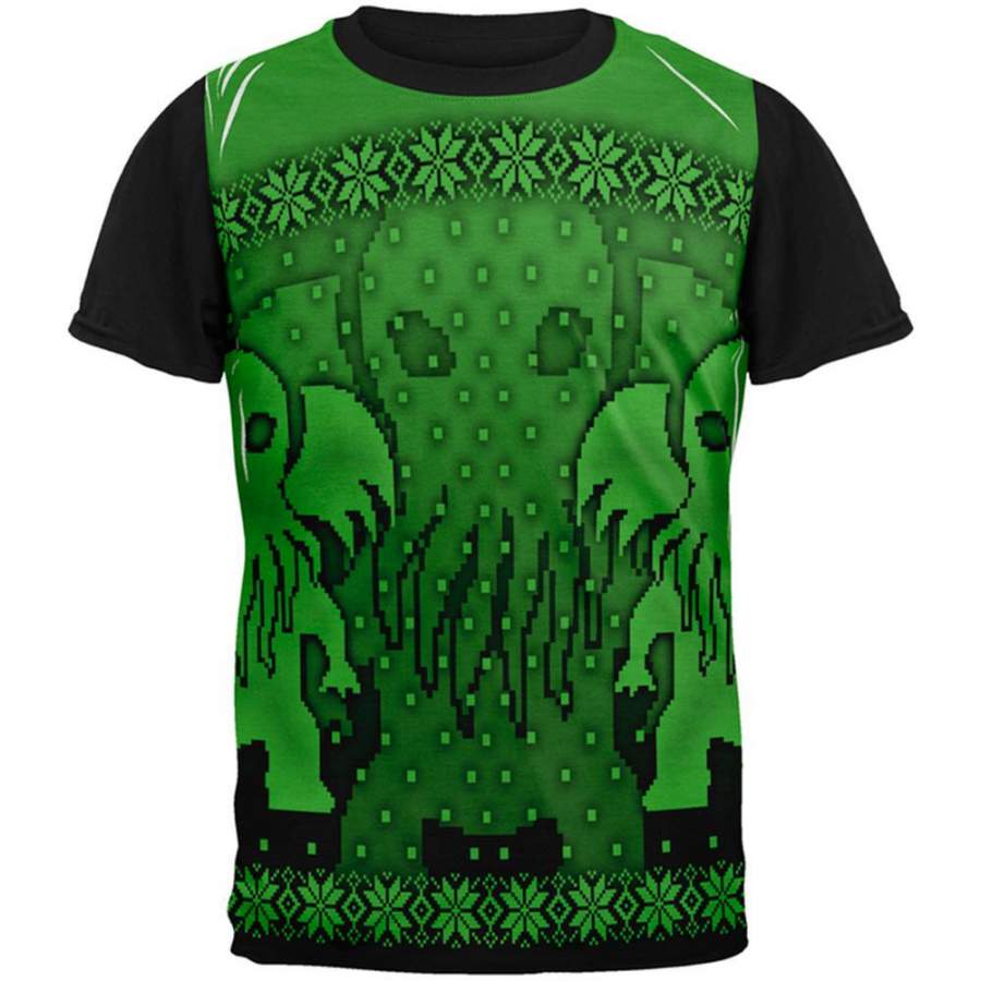 Ugly Christmas Sweater Big Cthulhu Greater Gods All Over Mens Black Back T Shirt