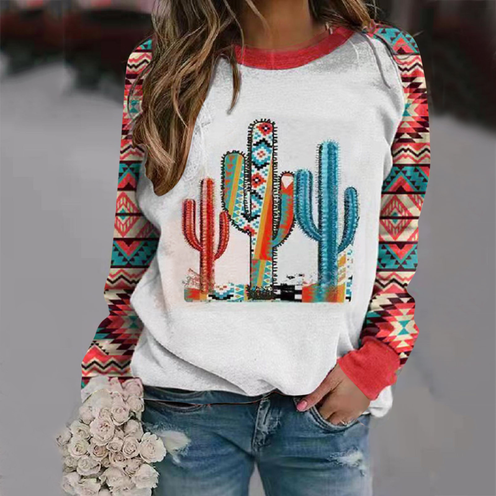 Autumn Winter Retro Aztec Ethnic Geometric Print Sweatshirt Women’s Casual Round Neck Vintgae Hoodie Blouse Loose Sweatshirts alx