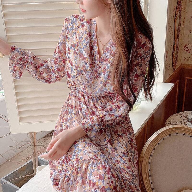 Spring Summer Mujer Vestidos Fashion Female Vintage Print Floral Long Sleeve Casual Midi A-line Dress Women Chiffon Dresses alx