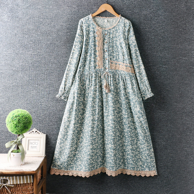 2022 Spring Summer Long Sleeve Dress Japanese Style Mori Girl Elastic Waist Loose Floral Print Long Dress Women alx