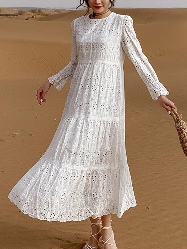 SMTHMA New Autumn Women Elegant Hollow Out Embroidery Casual Loose White Long Dress Female Full Sleeve Lace Holiday Vestidos alx