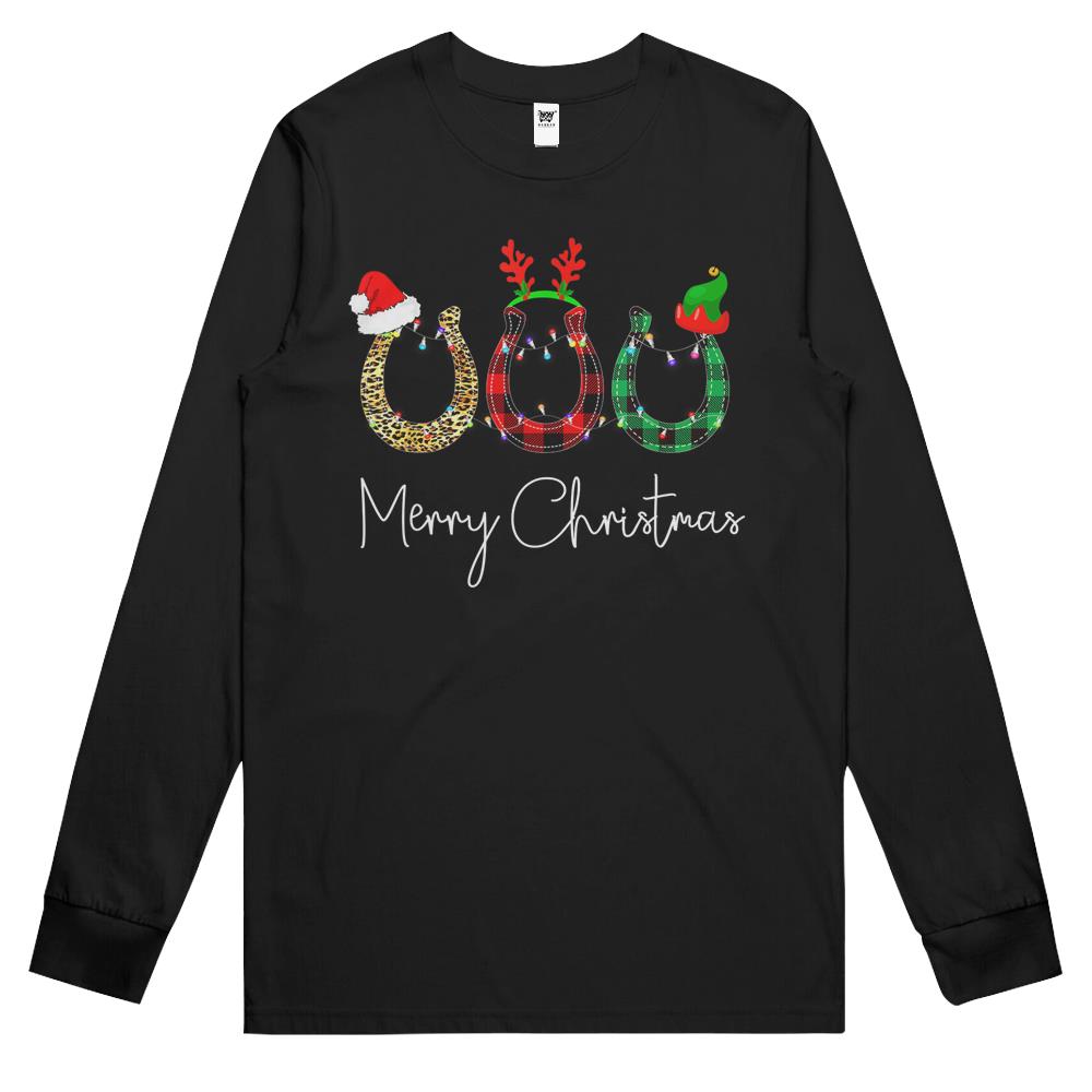 Christmas Horseshoe Shirt Leopard Plaid Santa Hat Horse Xmas Long Sleeve T Shirts