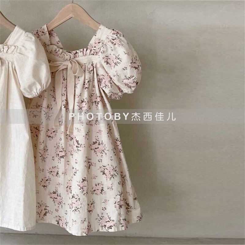 2022 New Summer Kids Girls Dress Floral Print Bow Short Sleeve Dresses Fashion Princess Cotton Children Clothing alx