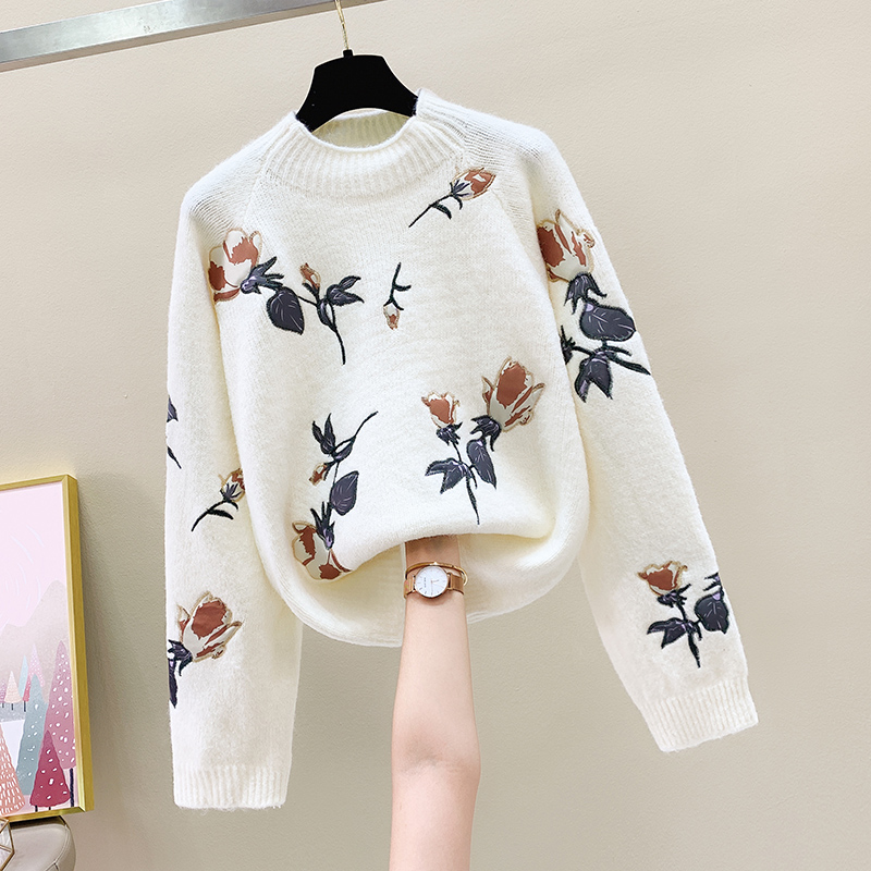 White Women Warm Flower Thick Loose Jumper Female Knitted Blue Winter Wool Pullovers Long Sleeve Embroidery O-Neck Sweaters alx