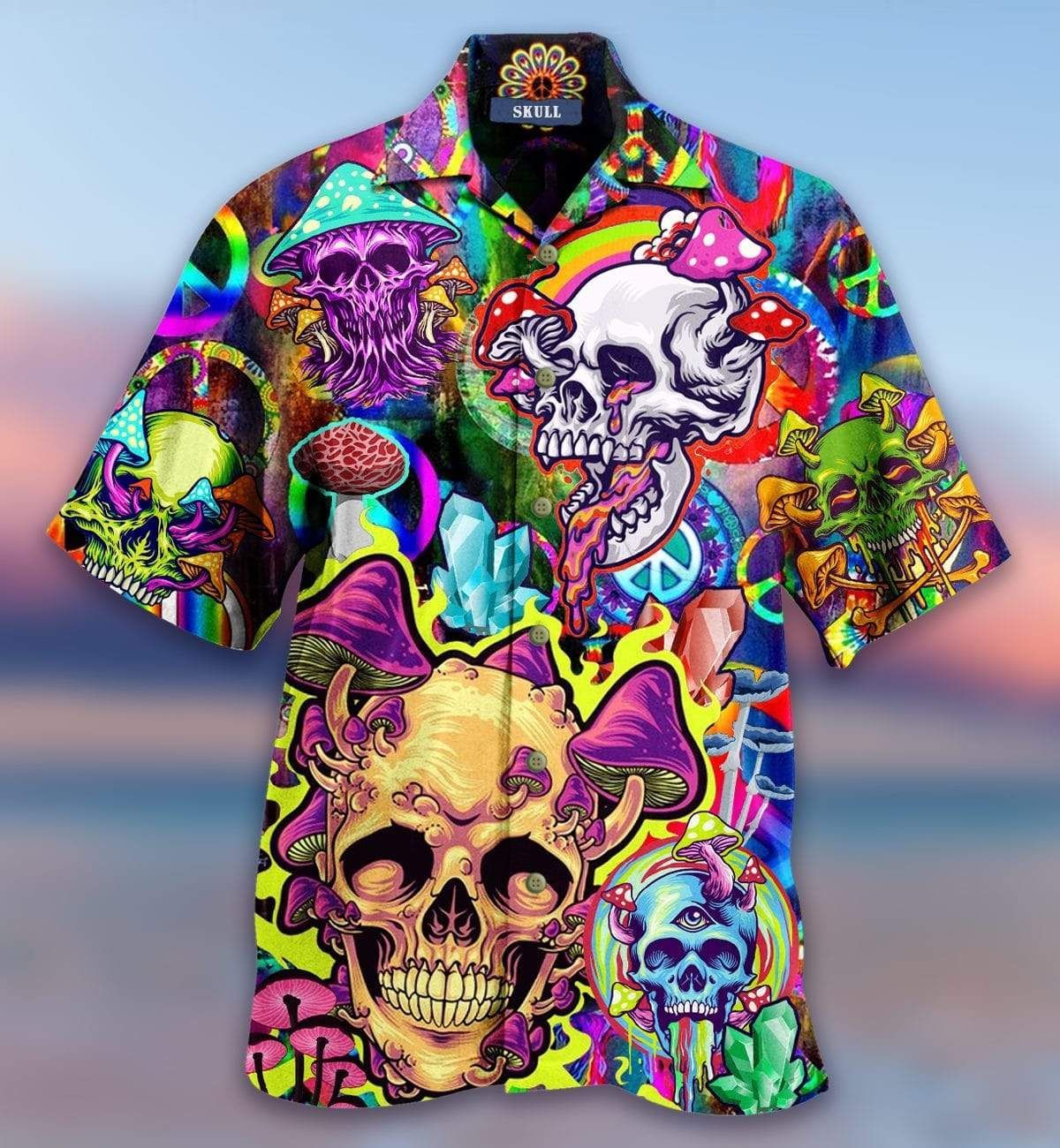 High Quality Colorful Happy Hippie Mushroom Skull Pink Unisex Hawaii Aloha Shirts Ha36958