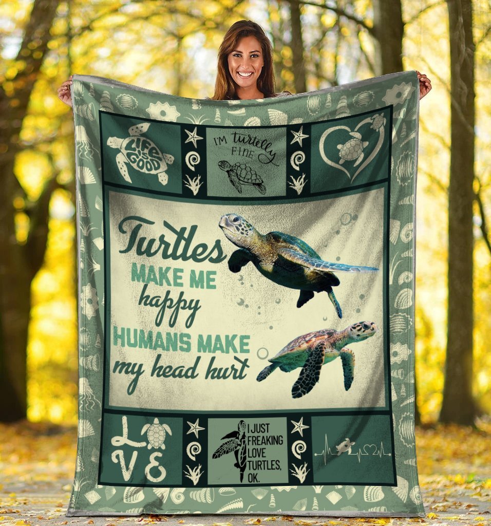 Turtles Make Me Happy Sea Turtle Ocean Animals Fleece Blanket Sherpa Blanket, Custom Blankets, Blanket Sofa Bed