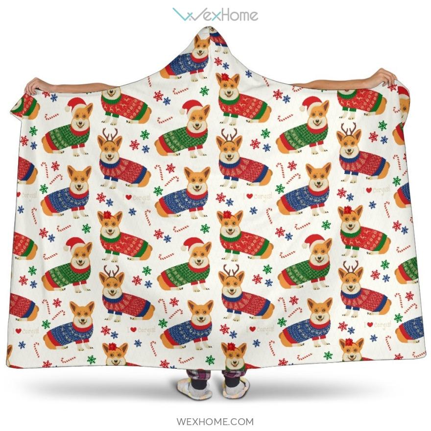 Corgi Christmas Pattern Hooded Blanket