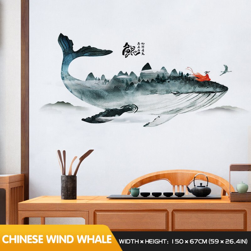 Creative Chinese Style Ink Whale Sticker Decoration Bedroom Living Room TV Sofa Background Wall Stickers Wallpaper Self-adhesive alx