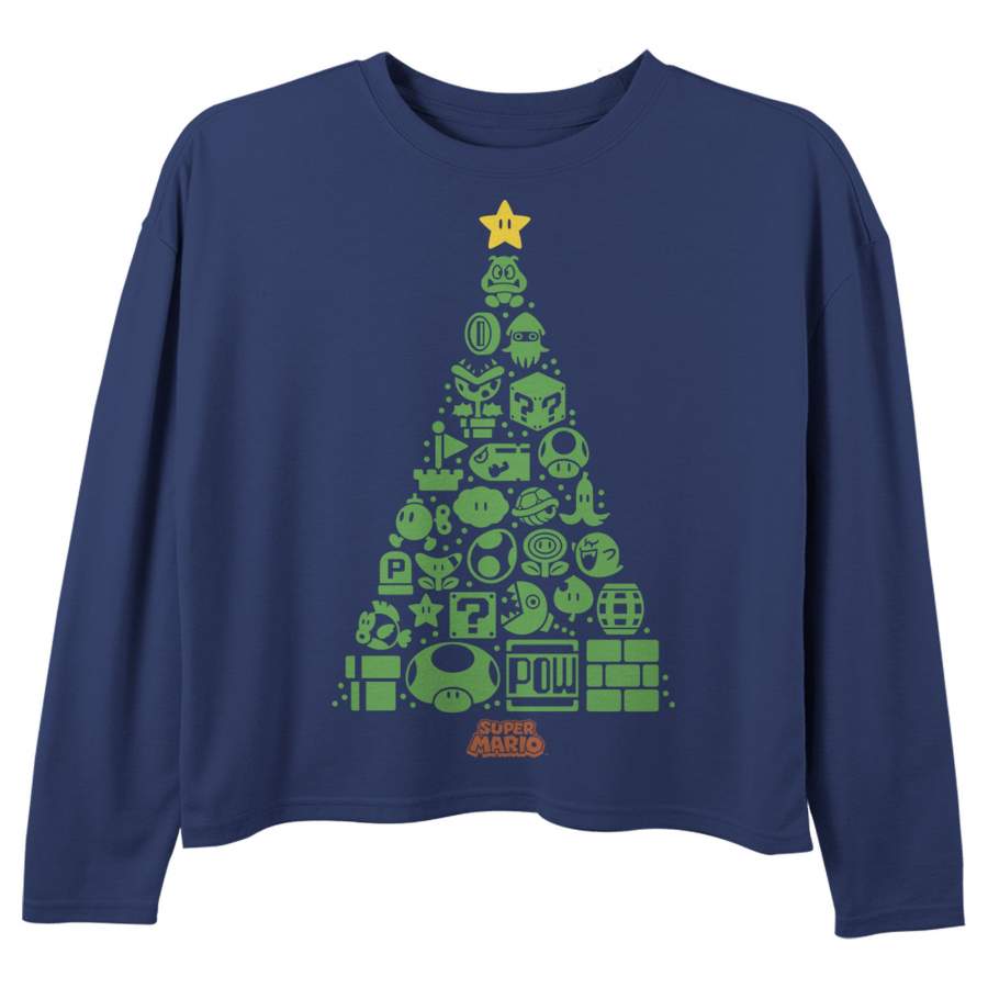 Nintendo Girl’s Christmas Tree Mosaic  Long Sleeve Shirt