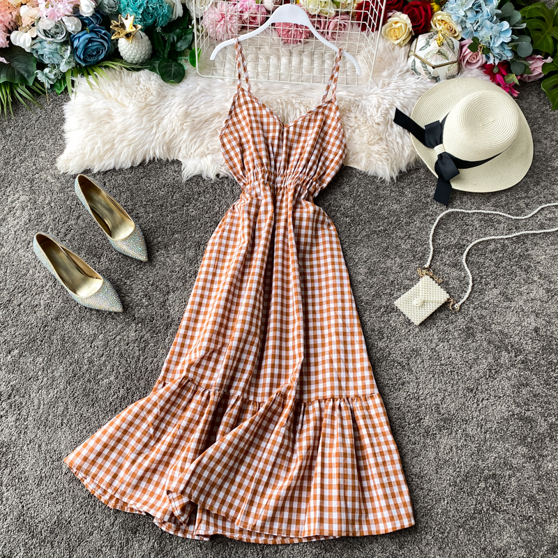 Vintage Plaid Strap Maxi Dress Women Summer Sexy V-Neck Backless Beach Party Dress Korean Style Elegant Sleeveless Midi Vestidos alx