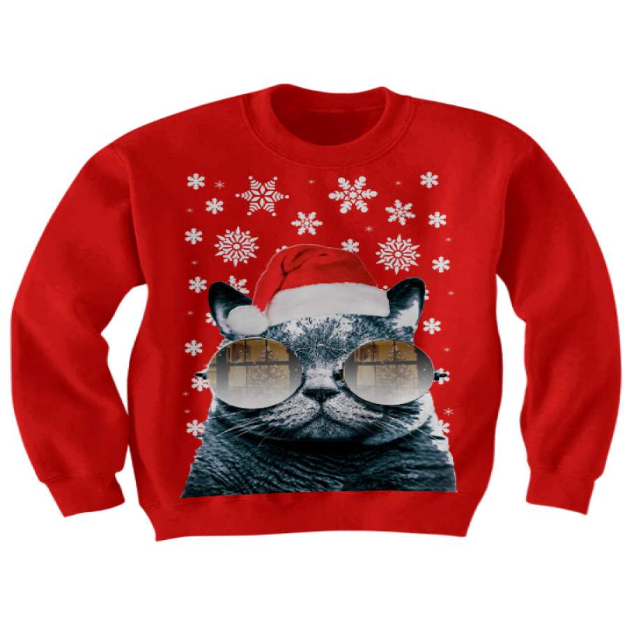 Ugly Christmas Sweater Santa Cat, Sweater Cat With Glasses, Christmas Gifts, Christmas Cat Sweater