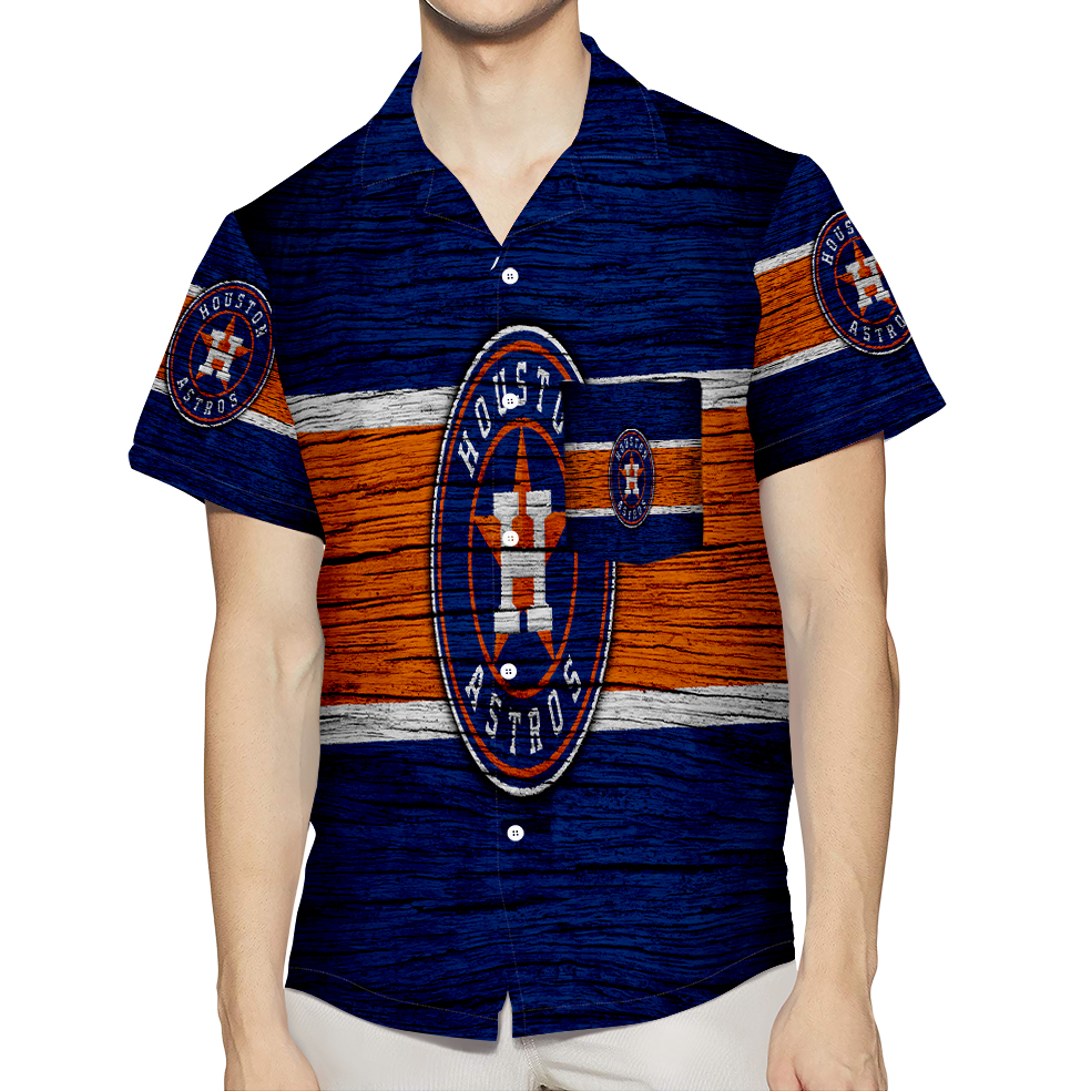 Houston Astros Emblem Texture Wooden 3D All Over Print Summer Beach Hawaiian Shirt With Pocket