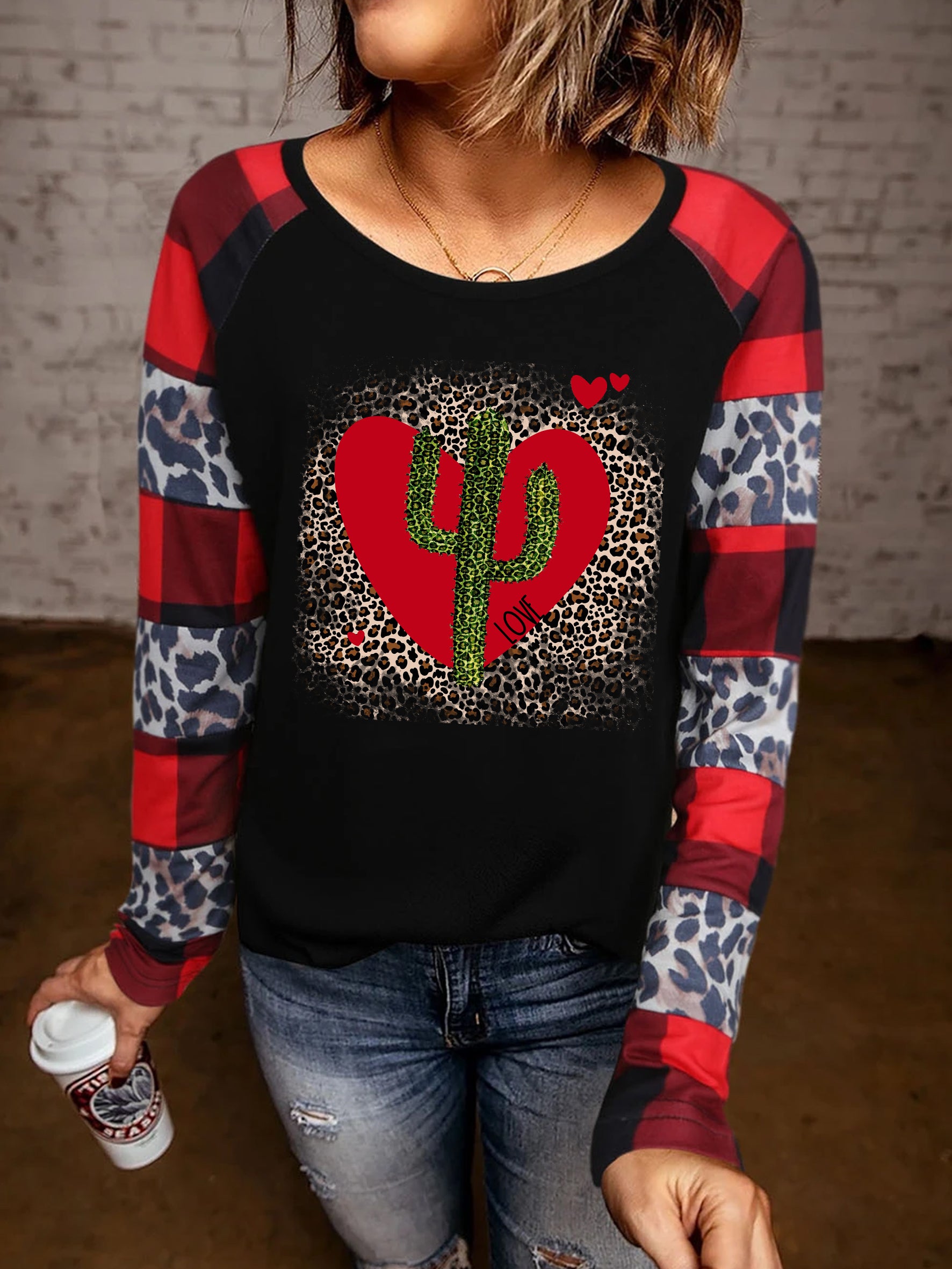 Valentine Leopard Plaid Heart Long Sleeve Top Red Black