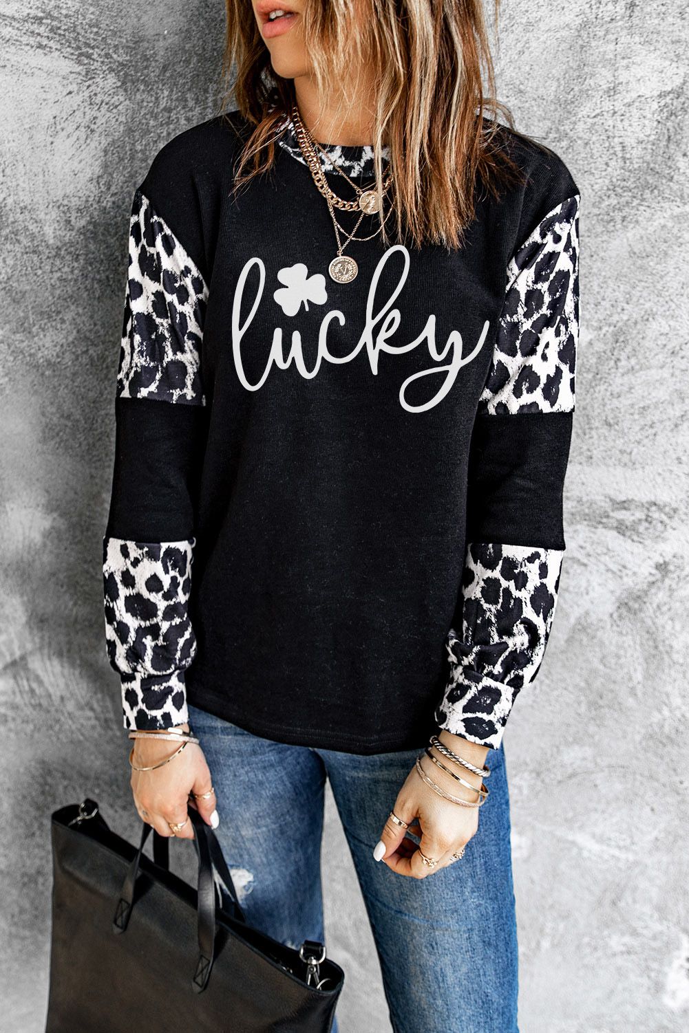 Clover Leopard Patchwork Letter Long Sleeve Top Black