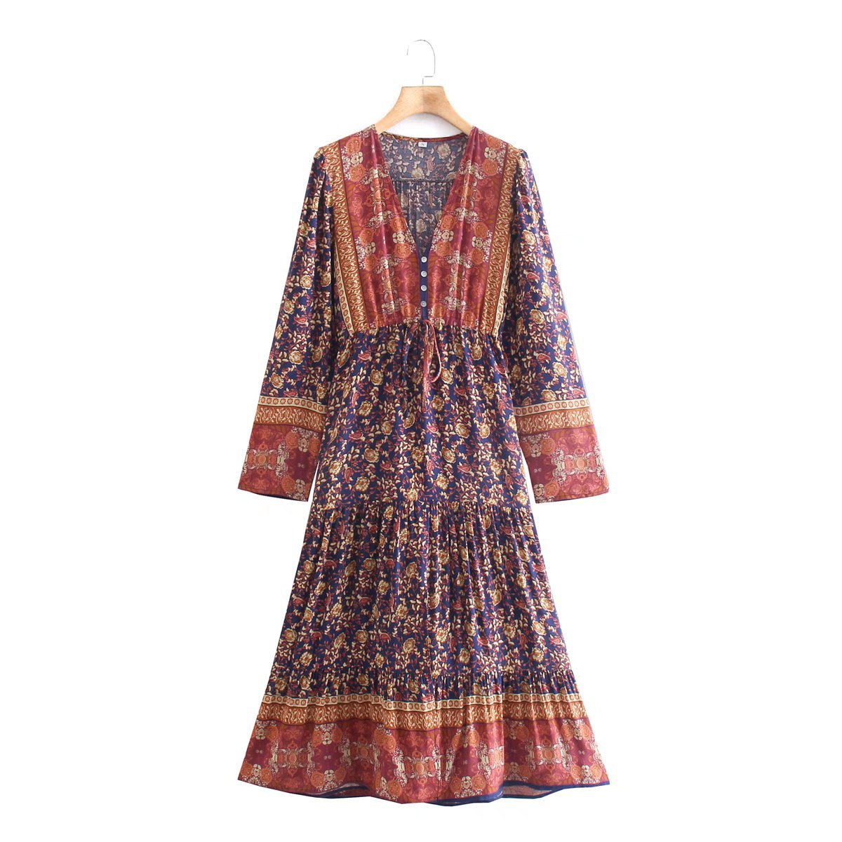 Boho Vintage Maxi Dress V Neck Long Sleeve Floral Print Woman Dress Holiday Festival Vestidos Casual Women Dress alx