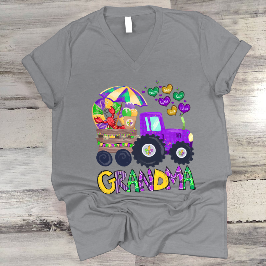 Personalized Grandma And Grandkids Hearts Color Tractor Gift Mardi Gras V-Neck