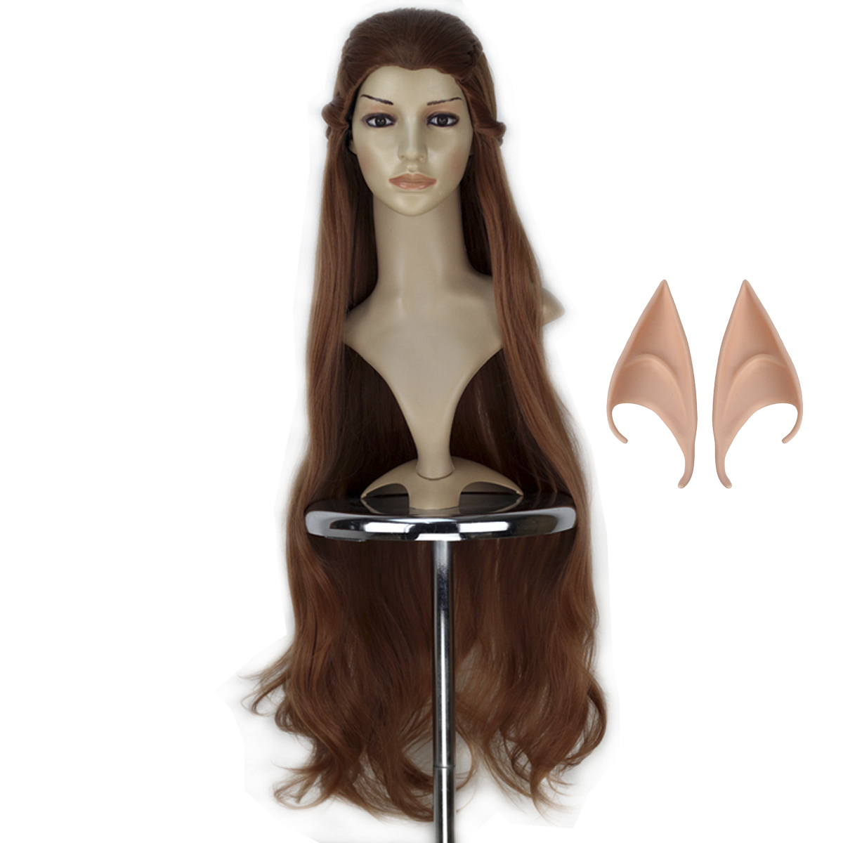 100cm Tauriel Cosplay Wig Brown Hair Long Curly Braids Halloween Party Play Role Wigs With Elf Ears + Free Wig Cap alx