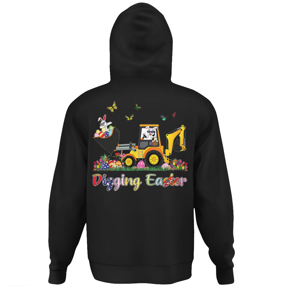 Digging Easter Bunny Toddler Boy Egg Hunt Tractor Excavator Hoodie Print On Back