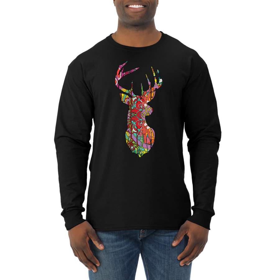 Trippy Colorful Buck Head Rainbow Hunting Deer Mosaic Animal Lover Mens Long Sleeve Shirt