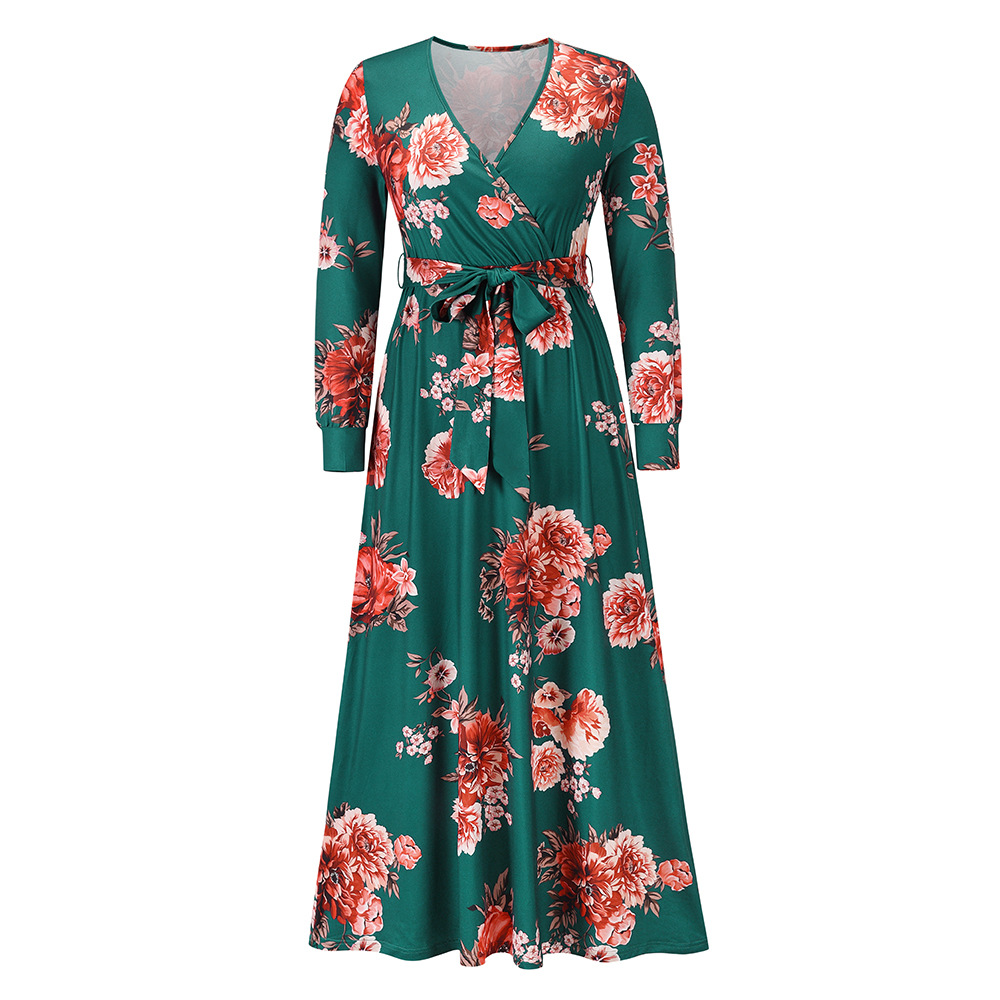 2021 Autumn and Winter Women’s Plus Size New V-neck Long-sleeved Floral Knitted Dress European and American Dresses Women alx