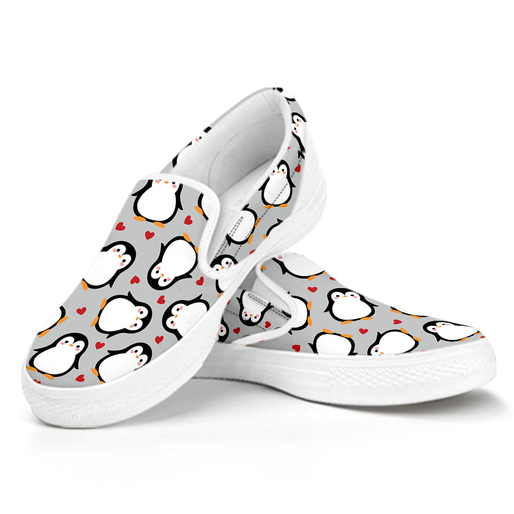 Red Heart And Penguin Pattern Print White Slip On Shoes