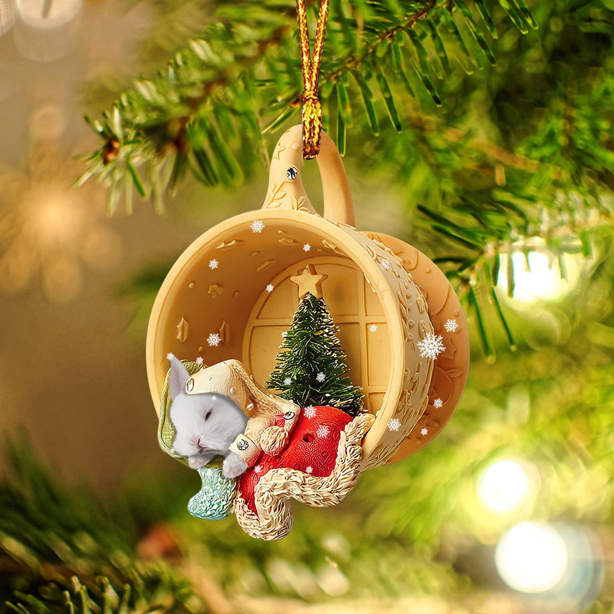 Shopeeyou – Rabbit Sleeping In A Tiny Cup Christmas Holiday-Two Sided Ornament, Christmas Ornament, Car Ornament, Shaped Ornament