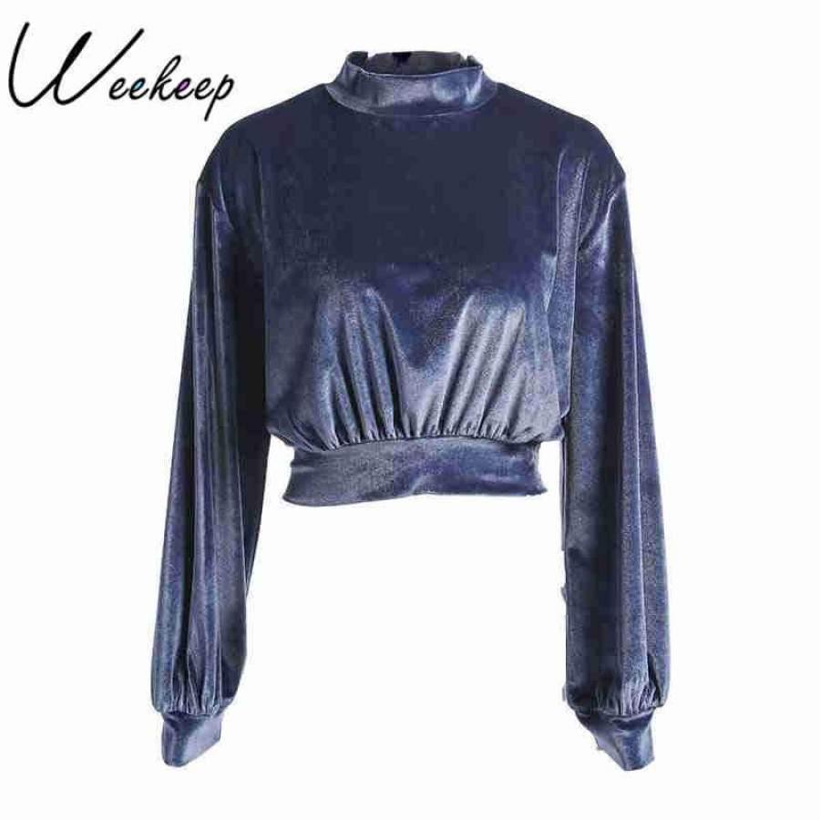 Weekeep Women Velvet Cropped Sweatshirt Solid Long Sleeve Hoodies Crop Top Hoodies Sweatshirt