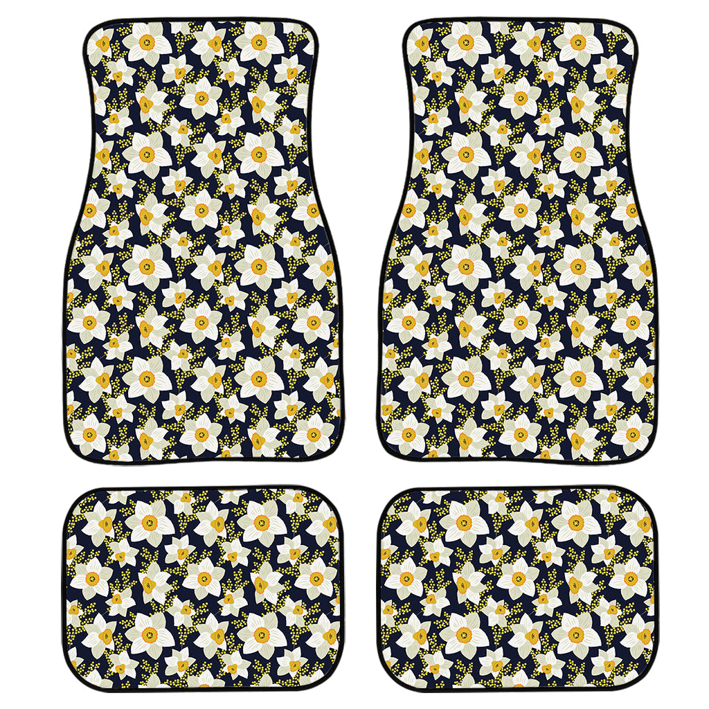 White Daffodil Flower Pattern Print Front And Back Car Floor Mats, Front Car Mat