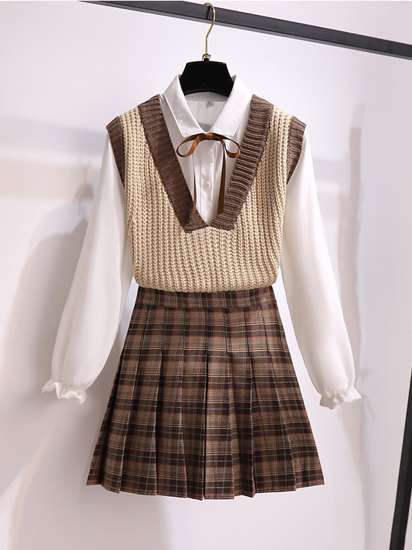 2022 Autumn Casual Three Pices Set Sweater Vest+ Long Sleeve White Blouse+ A Line Plaid Mini Skirt Student Style Sweet Suits alx