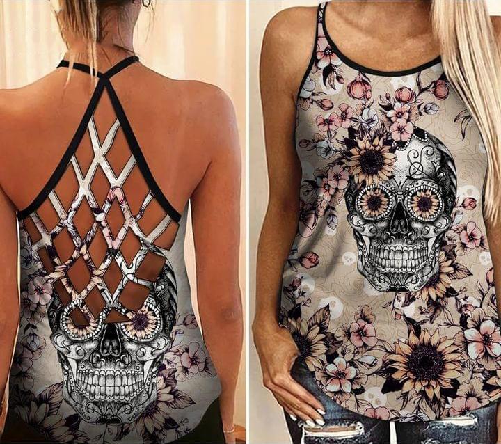 Flower Skull Girl Criss-Cross Open Back Camisole Tank Top