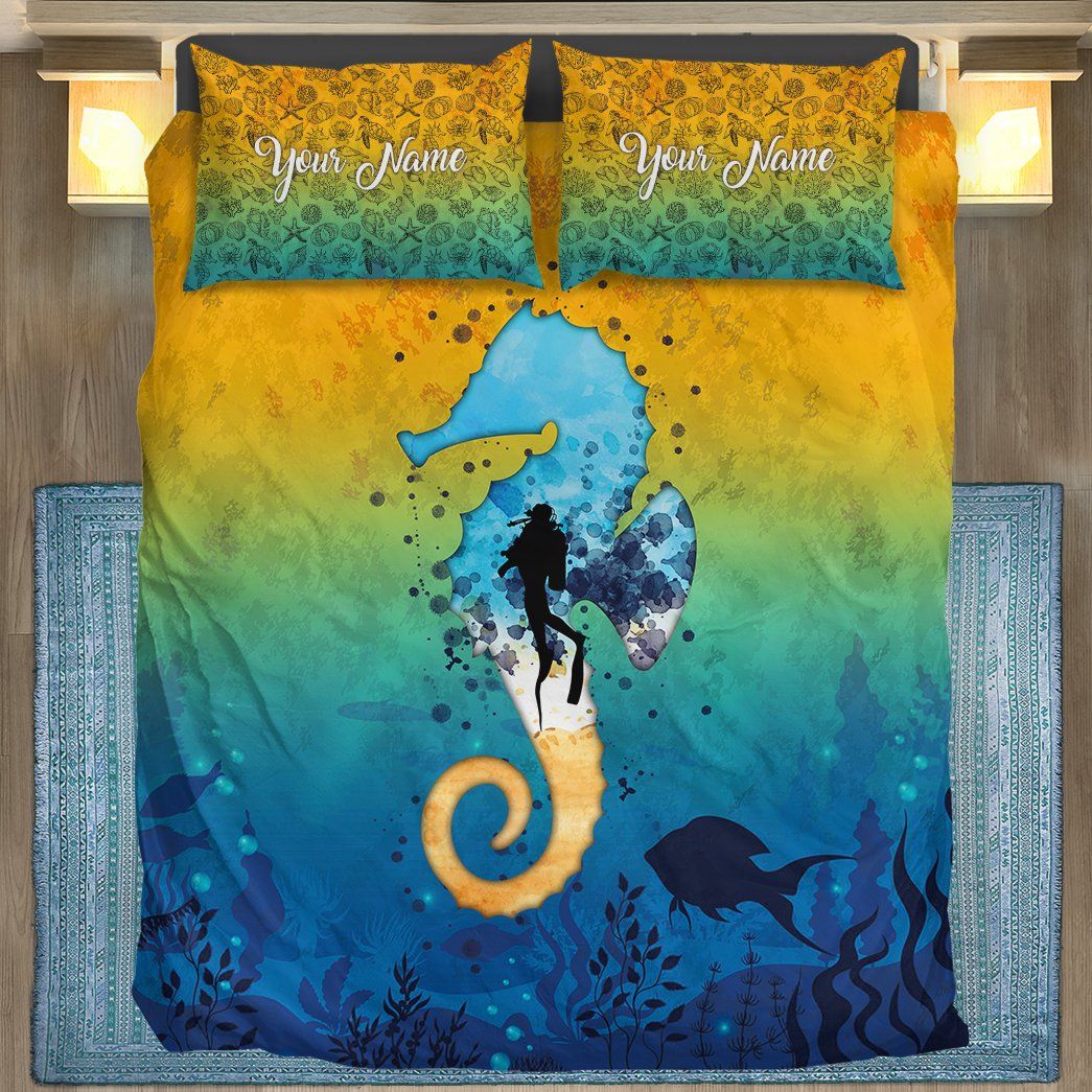 Casespring 3D Scuba Diving Sea Horse Custom Name Bedding Set