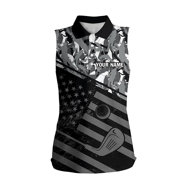 Womens Sleeveless Polo Shirt Black American Flag Patriotic Gray Camo Polo Custom Name Golfing Gifts