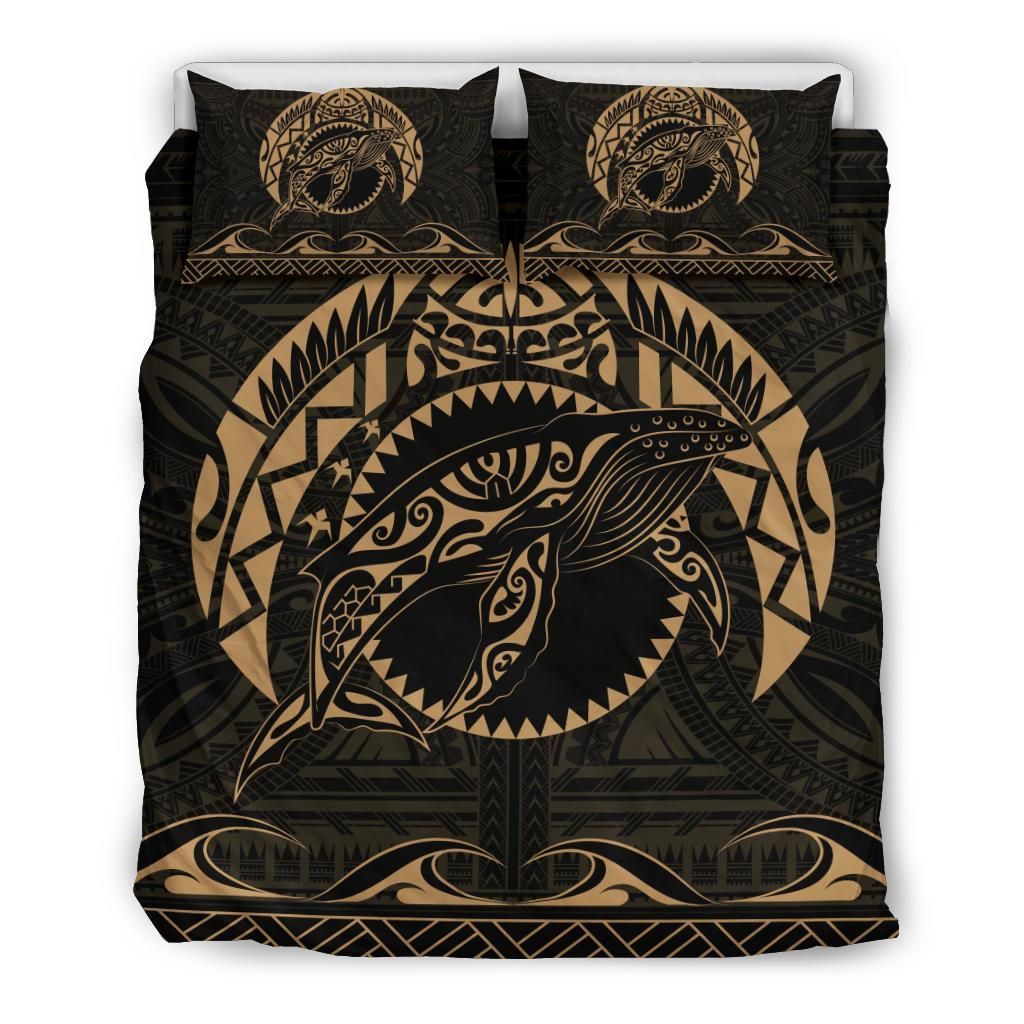 Alohawaii Bedding Set – Cover And Pillow Cases Hawaiian Polynesian Whale Gold – Ah – J7